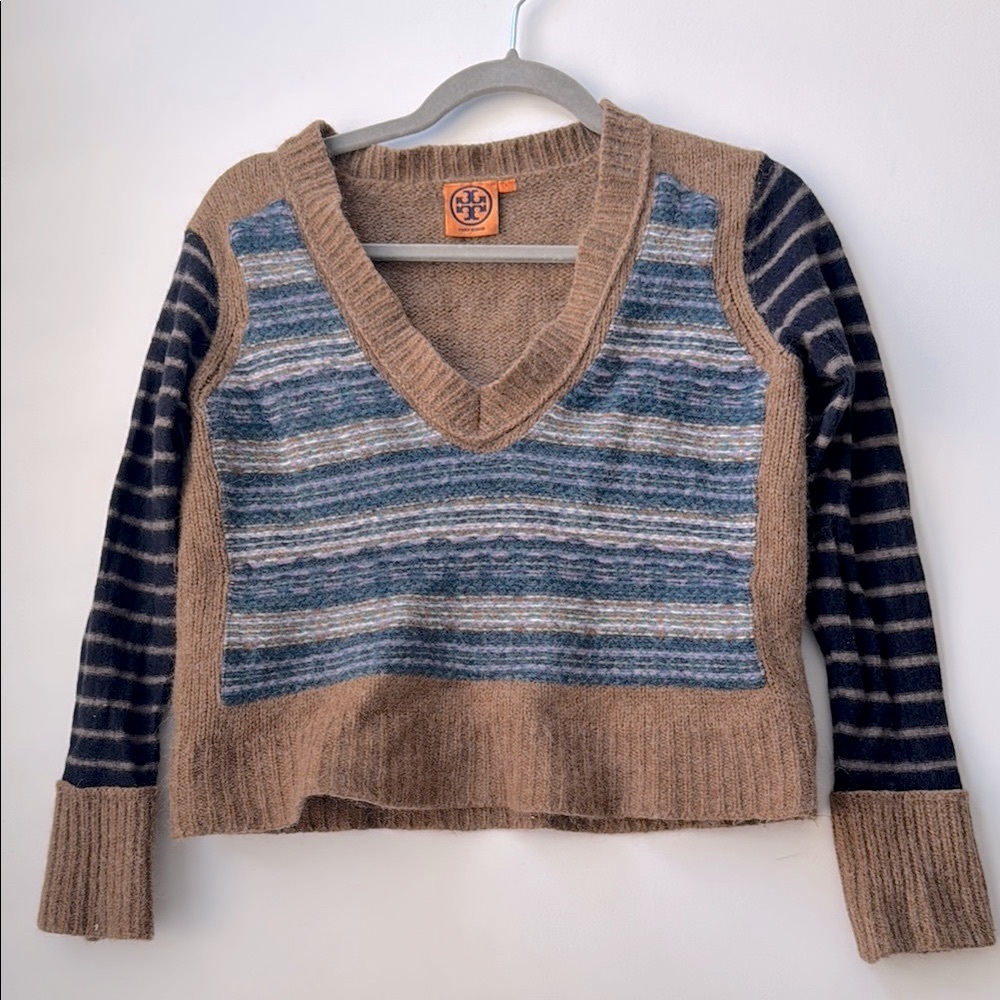 Tory Burch V-Neck Brown and Blue Sweater Alpaca and Wool